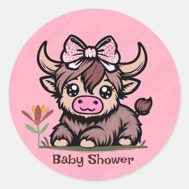 Pink Tan Highland Cow Girl Baby Shower Classic Round Sticker (Front)