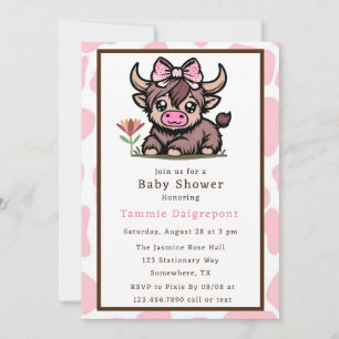 Pink Tan Highland Cow Girl Baby Shower  Invitation