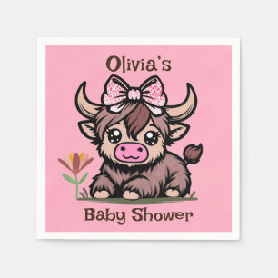 Pink Tan Highland Cow Girl Baby Shower Napkin