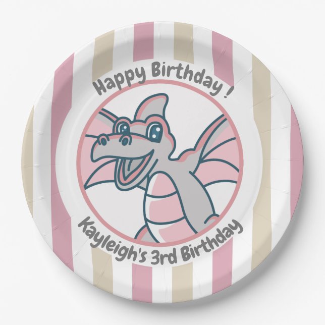 Pink Tan Stripes with a Pink Dragon Dino Birthday Paper Plate (Front)