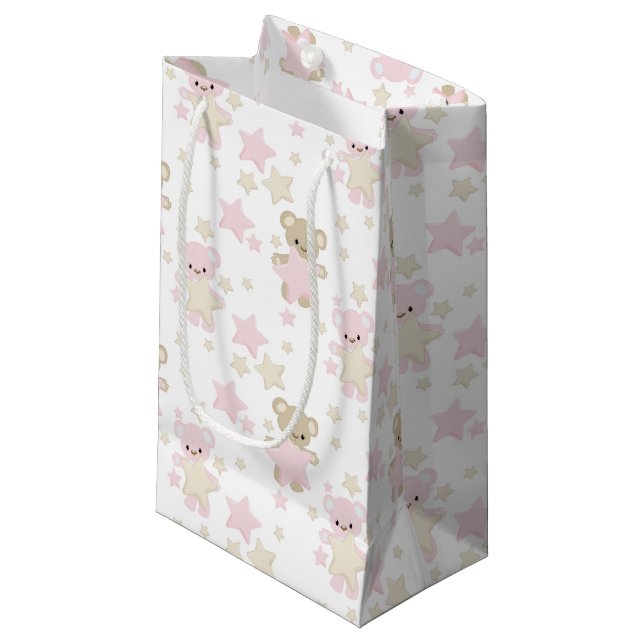 PINK & TAN TEDDY BEARS AND STARS SMALL GIFT BAG (Front Angled)