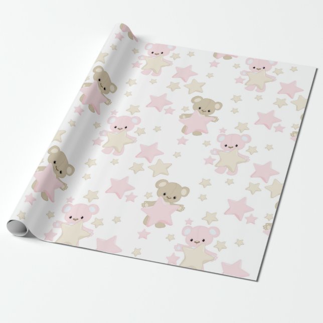 PINK & TAN TEDDY BEARS WITH STARS WRAPPING PAPER (Unrolled)