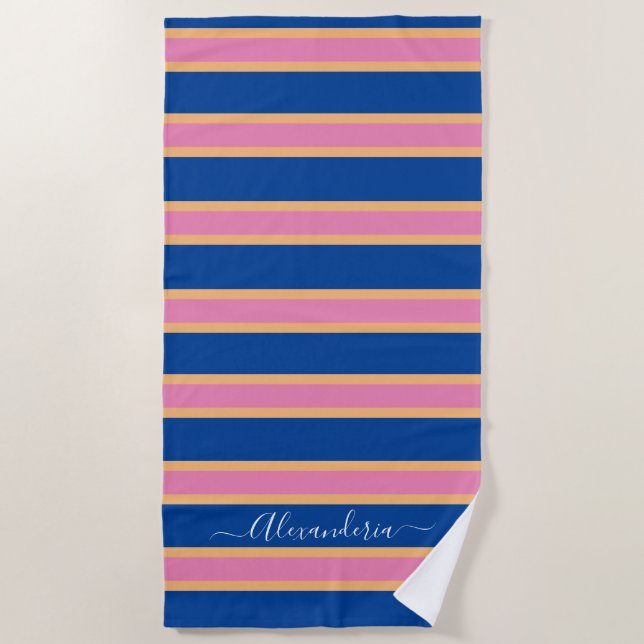 Pink Tangerine White Modern Preppy Stripes  Beach  Beach Towel (Front)