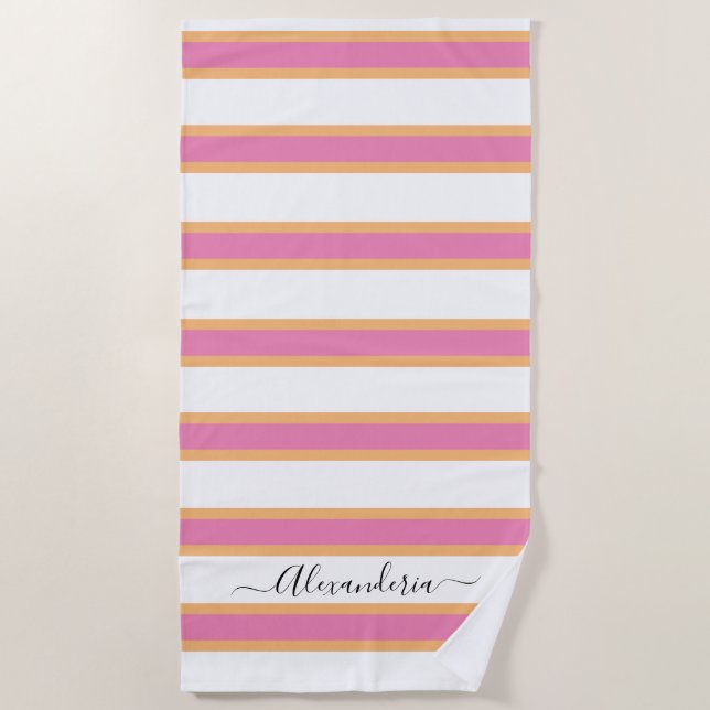 Pink Tangerine White Modern Preppy Stripes  Beach Beach Towel (Front)