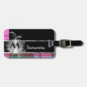 Pink tartan and silver monogram luggage tag
