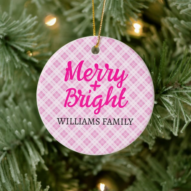 Pink tartan Christmas Merry Bright Family name Ceramic Ornament (Tree)