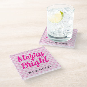 Pink tartan Christmas Merry Bright Family name Glass Coaster