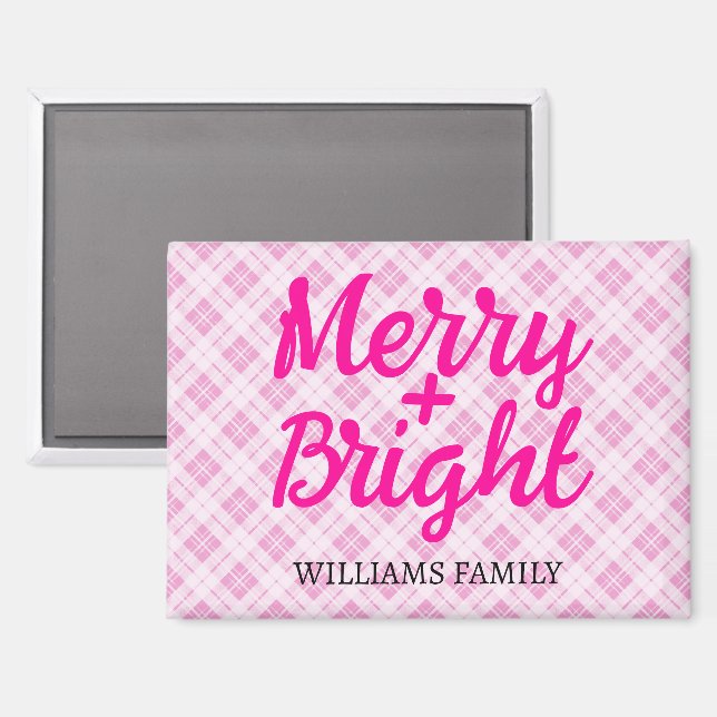 Pink tartan Christmas Merry Bright Family name Magnet (Front/Back)
