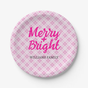 Pink tartan Christmas Merry Bright Family name Paper Plate