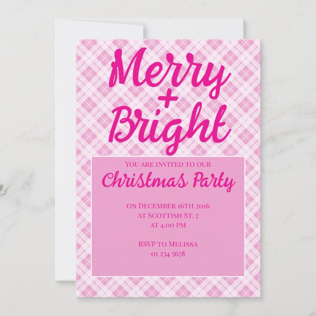 Pink tartan Christmas Party holidays Merry Bright Invitation (Front)
