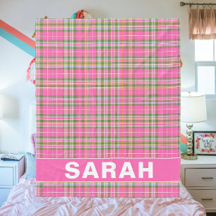 Pink Tartan Plaid Custom Name Fleece Blanket