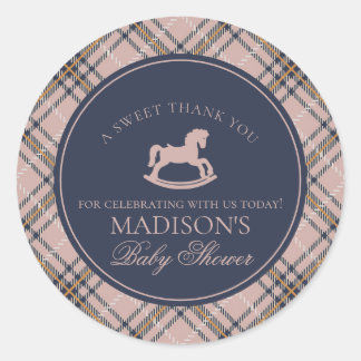 Pink Tartan Plaid Rocking Horse Baby Shower Favour Classic Round Sticker