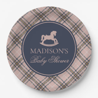 Pink Tartan Plaid Rocking Horse Baby Shower Paper Plate