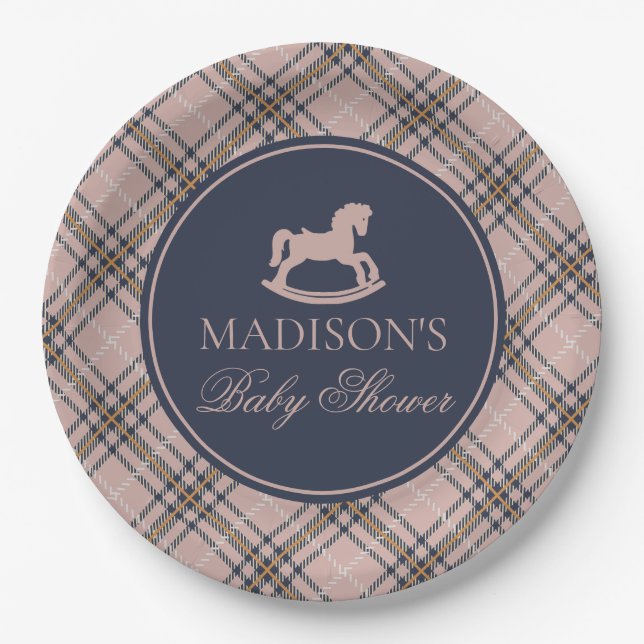 Pink Tartan Plaid Rocking Horse Baby Shower Paper Plate (Front)