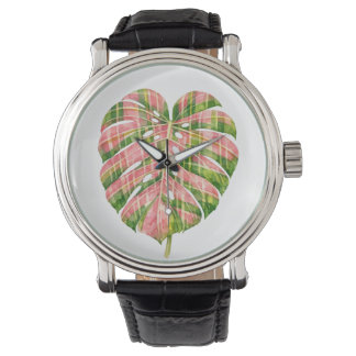 Pink Tartan Scottish Monstera Watercolour Botanic Watch