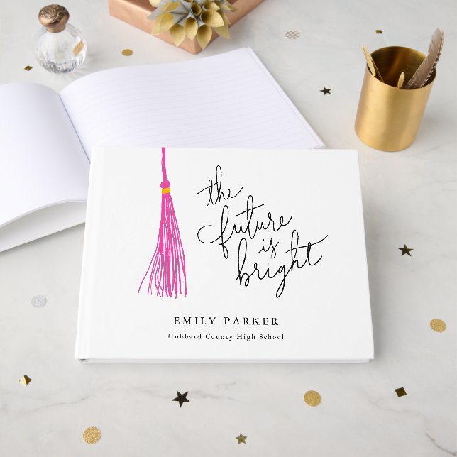 Pink Tassel The Future Is Bright Graduation Guest Book (Front Open)