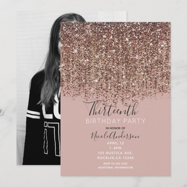 Pink Taupe Bronze Gold Glam Birthday Party Photo Invitation (Front/Back)