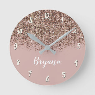 Pink Taupe Bronze Gold Glitter Glam Girly Chic Round Clock