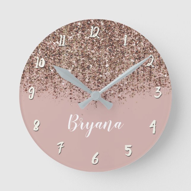 Pink Taupe Bronze Gold Glitter Glam Girly Chic Round Clock (Front)