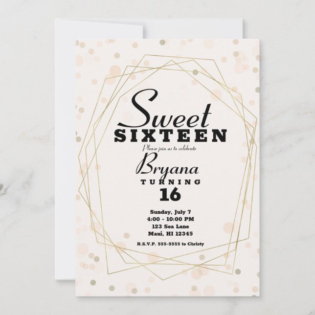 Pink Taupe Dots & Gold Geometric Modern Sweet 16  Invitation (Front)