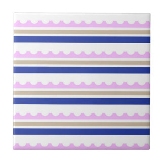 Pink Taupe White Blue Stripe Scallop Pattern print Ceramic Tile