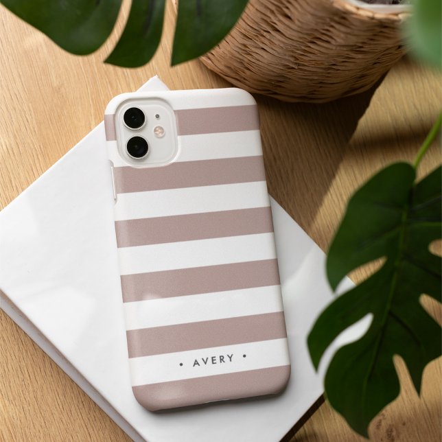 Pink Taupe & White Stripe Personalised iPhone 16 Case (Creator Uploaded)