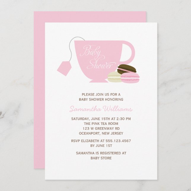 Pink Tea Cup and Macarons Girl Baby Shower Invitation (Front/Back)