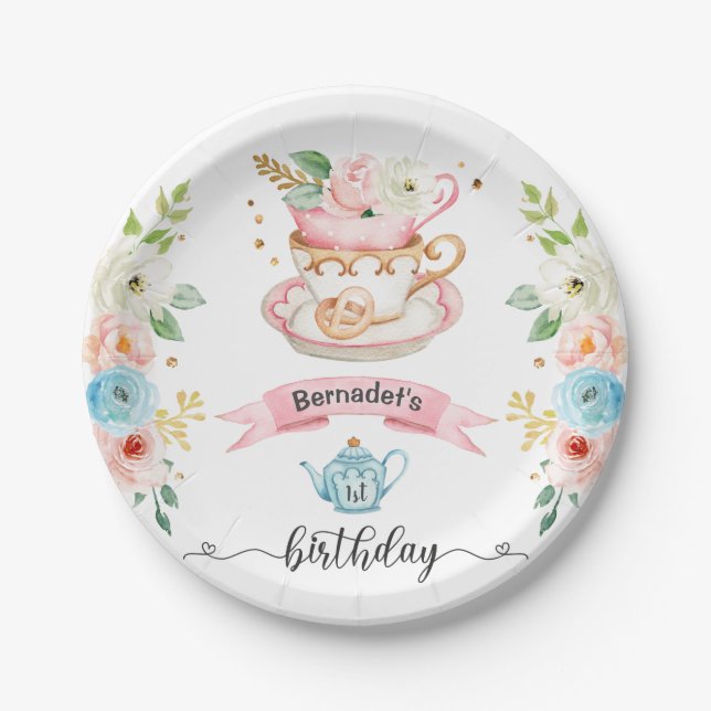 Pink Tea Party Birthday Paper Plate (Front)