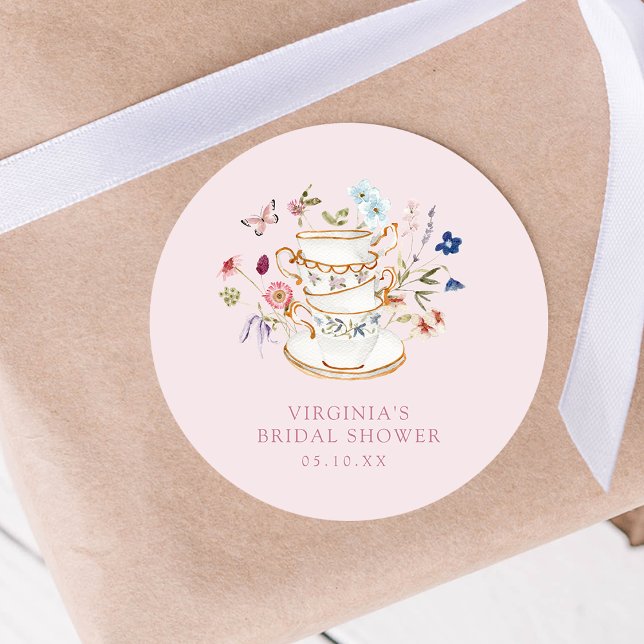 Pink Tea Party Bridal Shower Sticker (Pink Tea Party Bridal Shower Round Sticker by Painted Paperie
)