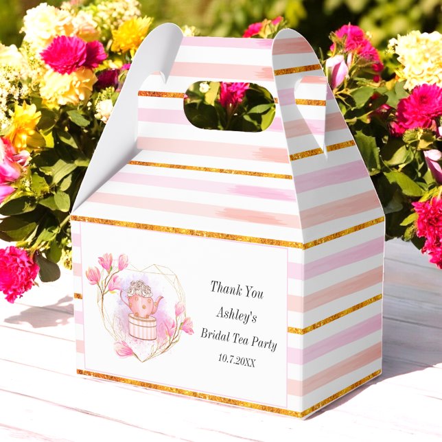 Pink Tea Party Gold Stripes Floral Favour Box (Creator Uploaded)