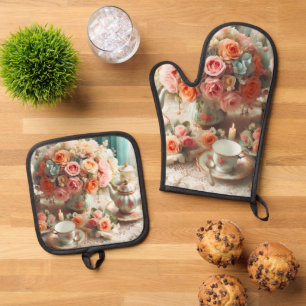 Pink Tea Party Oven Mitt and Pot Holders Oven Mitt & Pot Holder Set