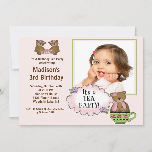 Pink Tea Party Photo Birthday Party Invitation (Front)