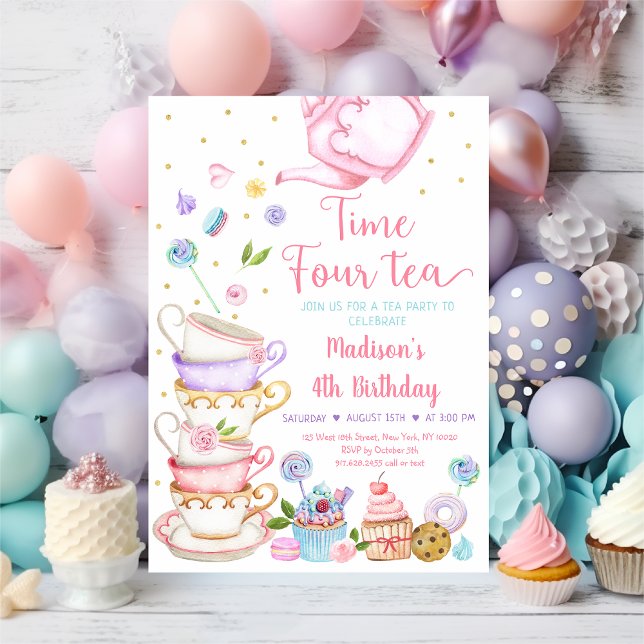 Pink Tea Party Time Four Tea Birthday Invitation (Creator Uploaded)