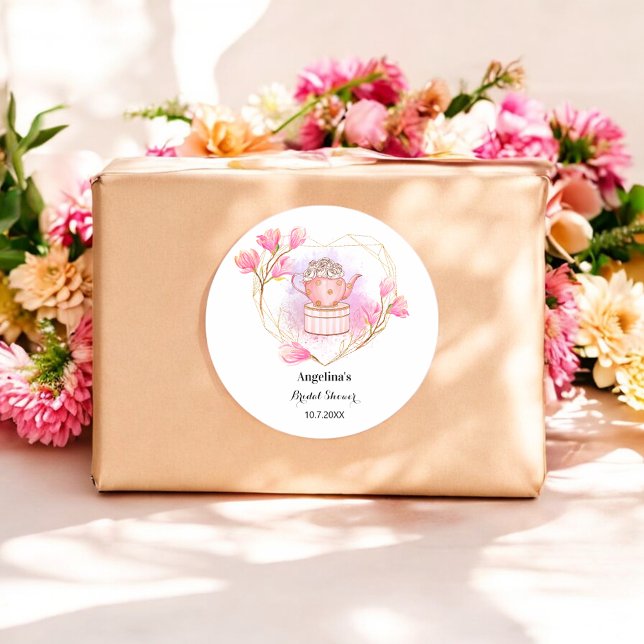 Pink Tea Pot Bridal Shower Rose Gold Floral Classic Round Sticker (Creator Uploaded)