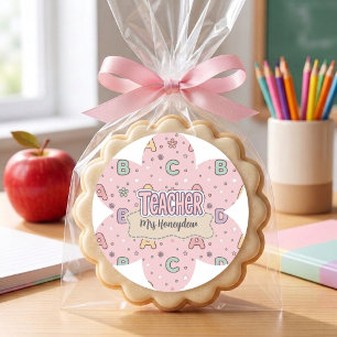 Pink Teacher School Letters Pattern Classic Round Sticker