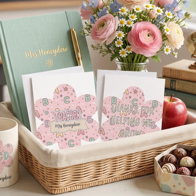 Pink Teacher School Letters Pattern  Thank You Card (Creator Uploaded)