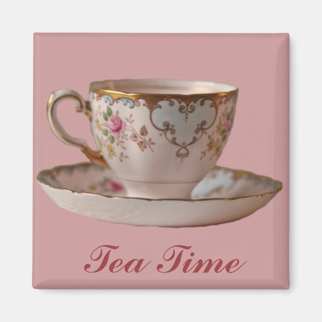 Pink Teacup and Saucer with Roses Magnet (Front)