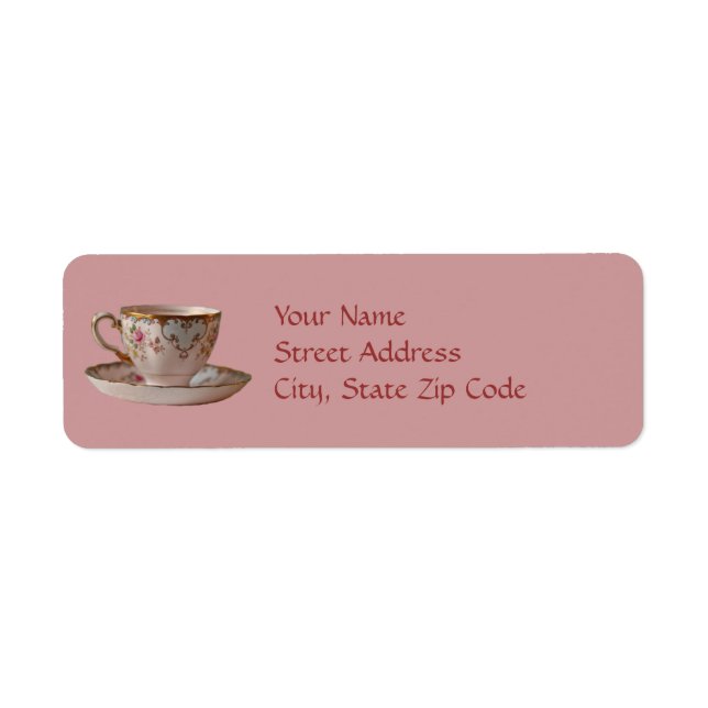 Pink Teacup and Saucer with Roses Return Address Label (Front)