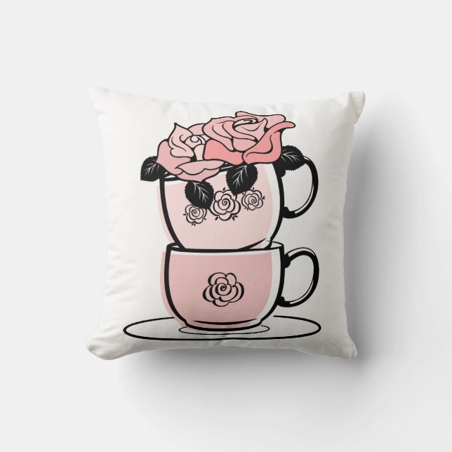 Pink Teacups and Flowers Throw Pillow (Front)