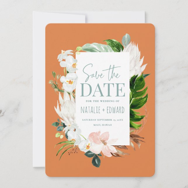 Pink, teal and orchid tropical floral save the date (Front)