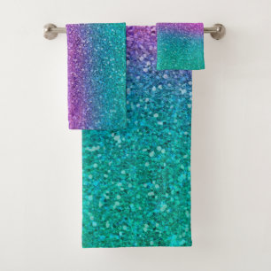 Pink Teal Aqua Blue & Purple Sparkly Glitter Bath Towel Set