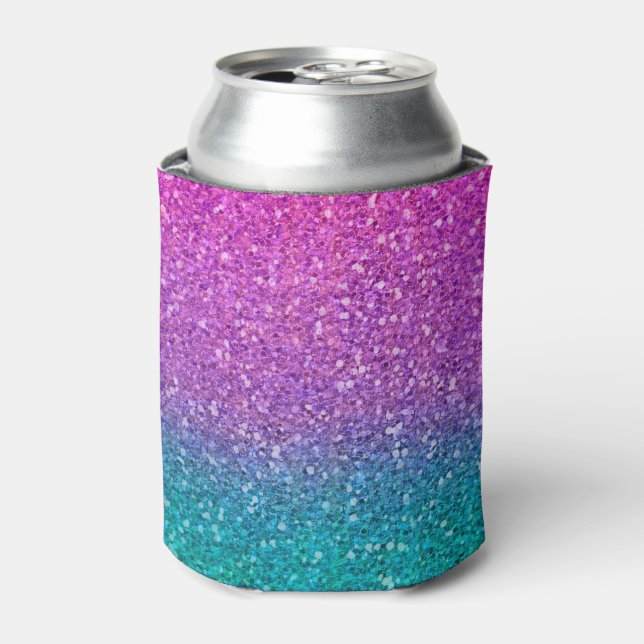 Pink Teal Aqua Blue & Purple Sparkly Glitter Can Cooler (Can Front)