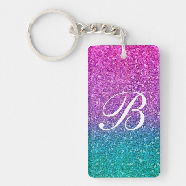 Pink Teal Aqua Blue & Purple Sparkly Glitter Name Key Ring (Front)