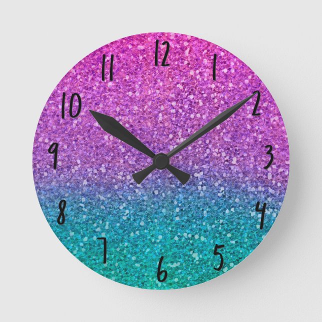 Pink Teal Aqua Blue & Purple Sparkly Glitter Round Clock (Front)