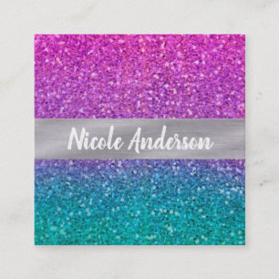 Pink Teal Aqua Blue & Purple Sparkly Glitter Square Business Card
