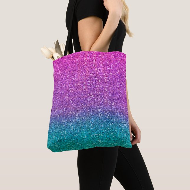 Pink Teal Aqua Blue & Purple Sparkly Glitter Tote Bag (Close Up)