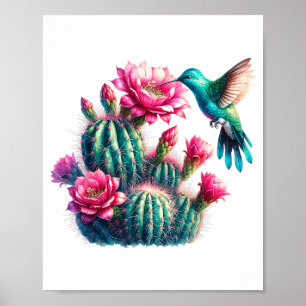 Pink Teal Aqua Cactus Bloom Hummingbird For Women Poster