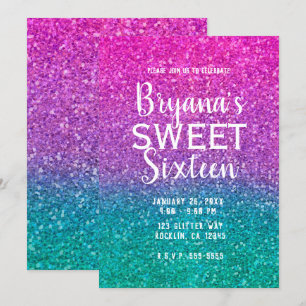 Pink Teal Aqua  & Purple Sparkly Glitter Sweet 16 Invitation
