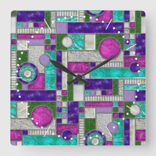 Pink Teal Art Deco Stained Glass Square Wall Clock