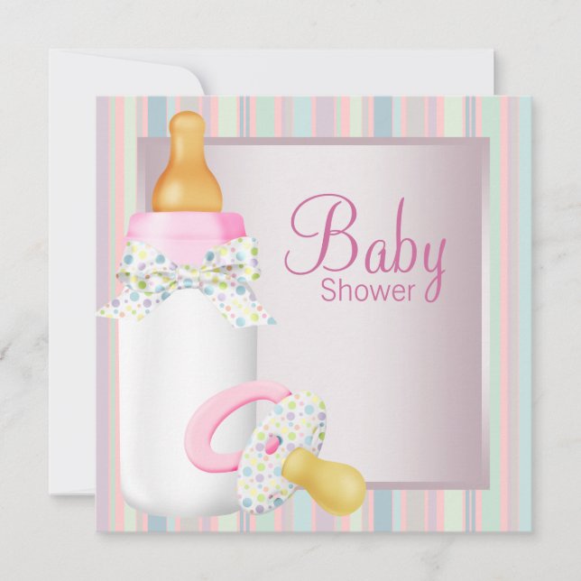 Pink Teal Baby Bottle Pacifier Baby Girl Shower Invitation (Front)